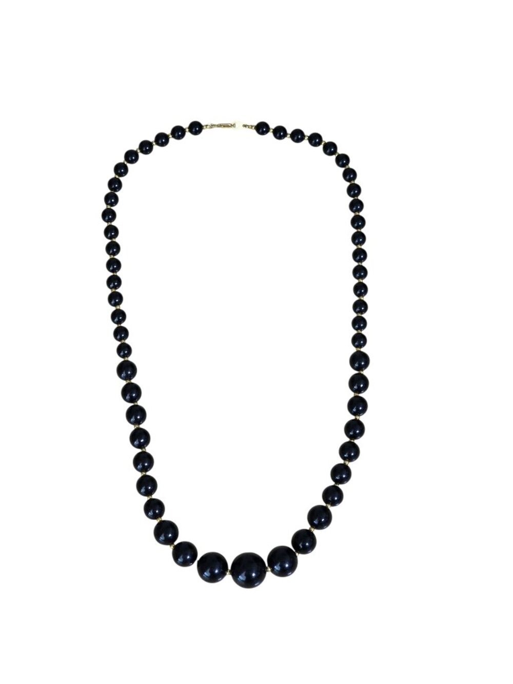 Black Beaded Necklace Graduated Faux Pearl Gold Tone Clasp‎ 24in Classic